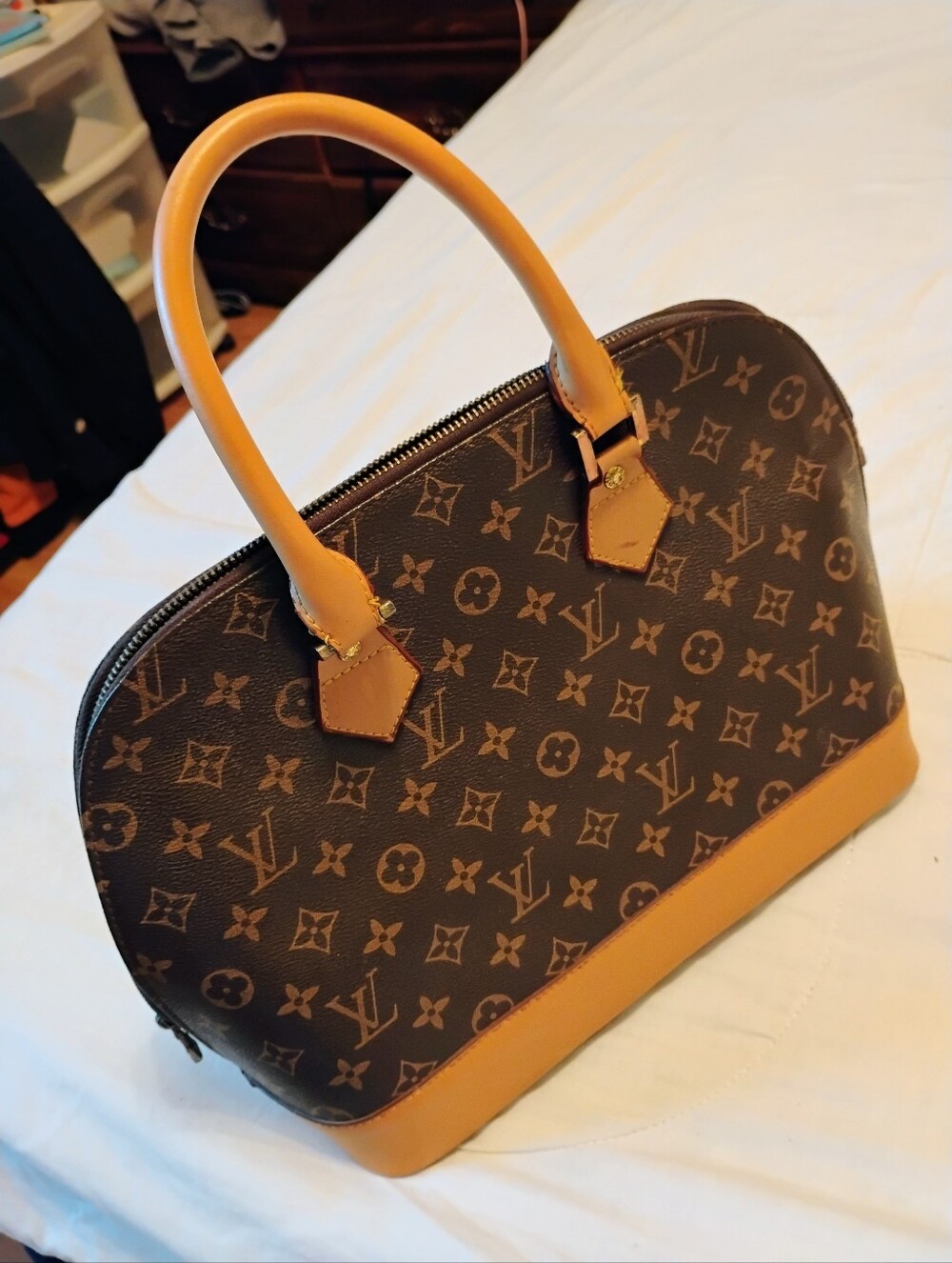 Louis Vuitton Brown Monogram Alma Satchel with Tan Trim